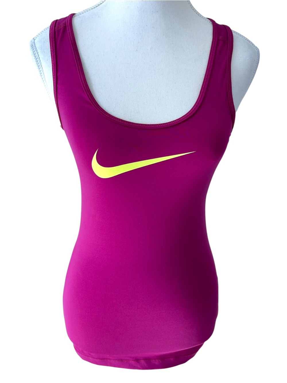 Nike Women's Dri-Fit Deep Pink Tank with Neon Yellow Swoosh XS